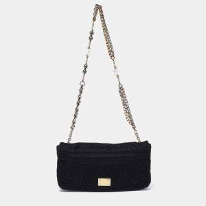 Pre Owned Dolce & Gabbana Black Lace Chain Flap Shoulder Bag