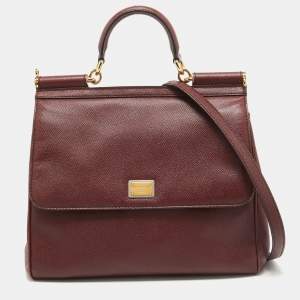 Pre Owned Dolce & Gabbana Burgundy Leather Large Miss Sicily Top Handle Bag