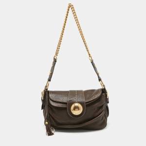 Dolce & Gabbana Dark Brown Leather Flap Tassel Shoulder Bag