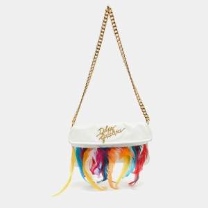 Dolce & Gabbana White/Multicolor Leather and Feather Clutch Bag