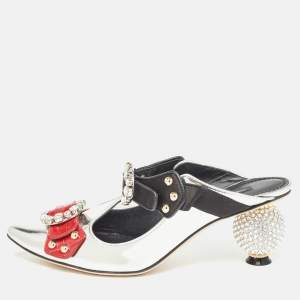 Dolce & Gabbana Tricolor Leather Crystal Embellished Buckle Detail Ankle Strap Mules Size 38