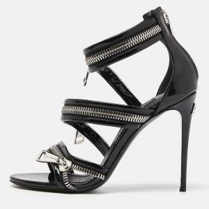 Dolce & Gabbana Black Patent Leather Chain Detail Ankle Strap Sandals Size 37