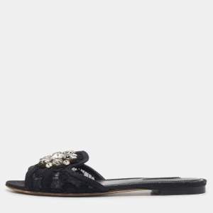 Pre Owned Dolce & Gabbana Black Lace Crystal Embellished Flat Slides Size 37.5