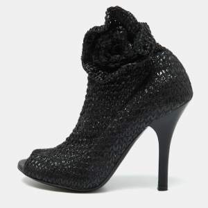 Pre Owned Dolce & Gabbana Black Knit Fabric and Straw Peep Toe Booties Size 37