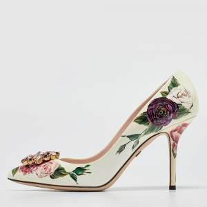 Pre Owned Dolce & Gabbana White Floral Print Leather Crystal Embellished Pumps Size 39.5