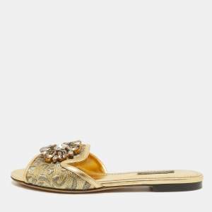 Dolce & Gabbana Gold Brocade Fabric and Leather Crystal Embellished Flat Slides Size 36