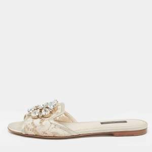 Dolce & Gabbana Light Grey Lace Bianca Flat Slides Size 35.5