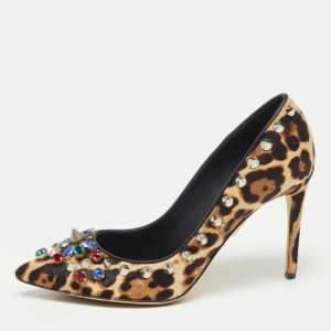 Dolce & Gabbana Brown/Beige Leopard Print Calf Hair Studded Pumps Size 37.5