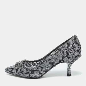 Pre Owned Dolce & Gabbana Silver/Black Lace DG Amore Crystal Embellished Pointed Toe Pumps Size 39