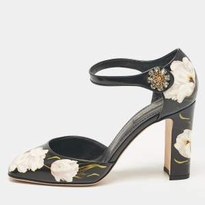 Pre Owned Dolce & Gabbana Black Floral Print Leather Ankle Strap Pumps Size 39