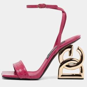 Dolce & Gabbana Pink Croc Embossed Leather Ankle Strap Sandals Size 38