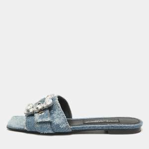 Pre Owned Dolce & Gabbana Blue Denim Crystal Embellished Buckle Flat Slides Size 38