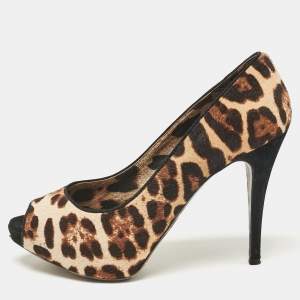 Dolce & Gabbana Brown Leopard Print Calf Hair Peep Toe Platform Pumps Size 40