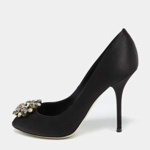 Dolce & Gabbana Black Satin Crystal Embellished Peep Toe Pumps Size 39.5