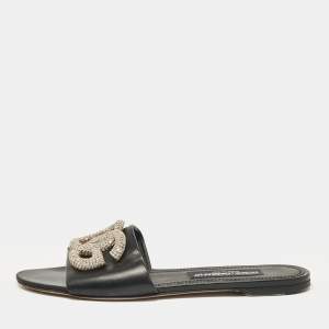 Dolce & Gabbana Black Leather DG Crystal Embellished Flat Slides Size 40