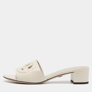 Dolce & Gabbana Off White Leather Cut Out DG Logo Slide Sandals Size 38.5