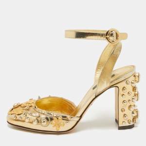 Dolce & Gabbana Gold Patent Leather Embellished Ankle Strap Pumps Size 38