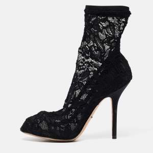 Dolce & Gabbana Black Stretch Lace and Mesh Ankle Length Boots Size 36