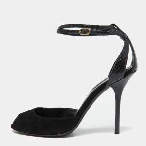 Dolce & Gabbana Black Snakeskin Embossed Leather and Suede Ankle Strap Sandals Size 40