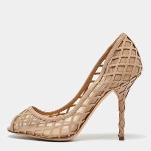 مملوكة مسبقًا Dolce & Gabbana Beige Mesh and Leather Caged Peep Toe Pumps Size 37