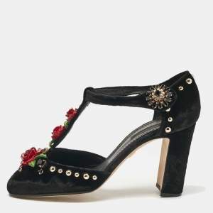 Pre Owned Dolce & Gabbana Black Velvet Studded and Rose Embellished Ankle-Strap Pumps Size 38