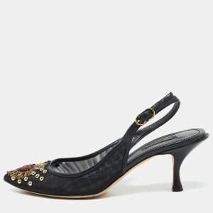 Pre Owned Dolce & Gabbana Black Leather and Mesh Lori Embellished Slingback Pumps Size 40