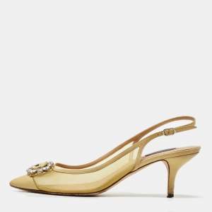 Dolce & Gabbana Yellow Mesh and Leather Crystal Embellished Slingback Pumps Size 39 