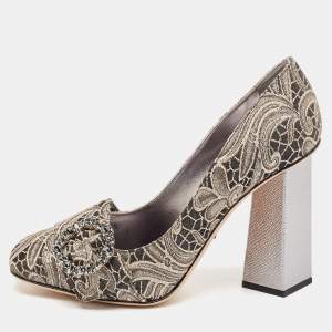 Dolce & Gabbana Silver/Beige Floral Jacquard Bellucci Pumps Size 37.5