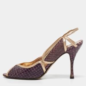 Dolce & Gabbana Purple/Gold Leather and Python Leather Slingback Sandals Size 37.5