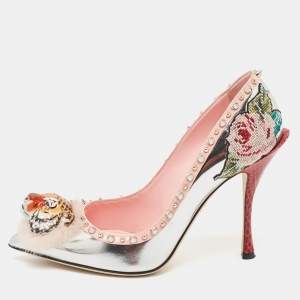 Pre Owned Dolce & Gabbana Silver Fur and Leather Tiger Embellished Pumps Size 38