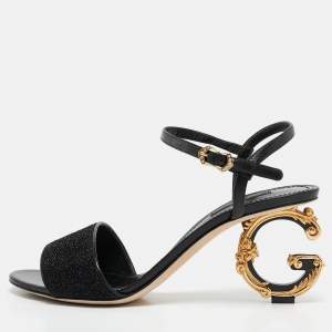 Pre Owned Dolce & Gabbana Black Leather and Lurex Keira DG Baroque Sandals Size 39