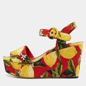 Dolce & Gabbana Multicolor Printed Fabric Ankle Strap Platform Wedge Sandals Size 35