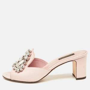 Dolce & Gabbana Pink Lizard Embossed Leather Crystal Embellished Slide Sandals Size 37