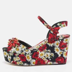 Dolce & Gabbana Red Floral Print Brocade Fabric Wedge Sandals Size 35