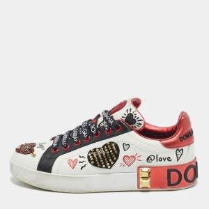 Pre Owned Dolce & Gabbana Multicolor Leather Amore Heart Embroidered Low Top Sneakers Size 38