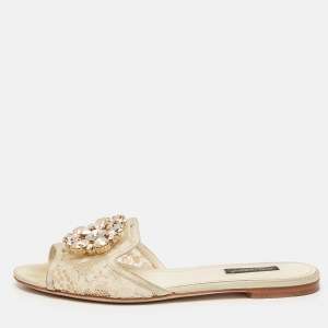 Dolce & Gabbana Light Cream Lace Crystal Bianca Slide Flats Size 37.5