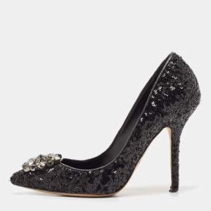 Dolce & Gabbana Black Sequins Crystal Embellished Bellucci Pumps Size 38