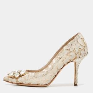 Pre Owned Dolce & Gabbana White Lace and Mesh Bellucci Pumps Size 36