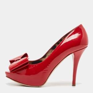 Dolce & Gabbana Red Patent Leather Bow Peep Toe Platform Pumps Size 39