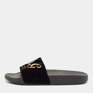 Dolce & Gabbana Black Velvet DG Embroidered Flat Pool Slides Size 37