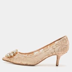 Dolce & Gabbana Beige Lace Bellucci Crystal Embellished Pointed Toe Pumps Size 38