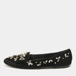 Pre Owned Dolce & Gabbana Black Velvet Crystal Embellished Ballet Flats Size 38.5