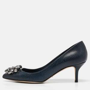 Dolce & Gabbana Navy Blue Lizard Embossed Leather Bellucci Pumps Size 36.5