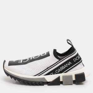 Pre Owned Dolce & Gabbana White/Black Knit Fabric Sorrento Slip On Sneakers Size 37.5