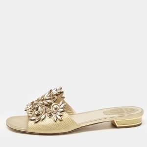Rene Caovilla Gold Lizard Embossed Leather Crystal Embellished Flat Slide Size 38