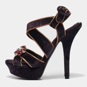 Dolce & Gabbana Purple Velvet And Leather Crystal Embellished Sandals Size 36