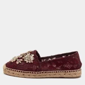 Dolce & Gabbana Burgundy Lace Embellished Espadrille Flats Size 37