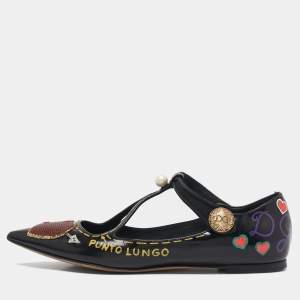 Pre Owned Dolce & Gabbana Black Leather Arrow Heart Ballet Flats Size 37