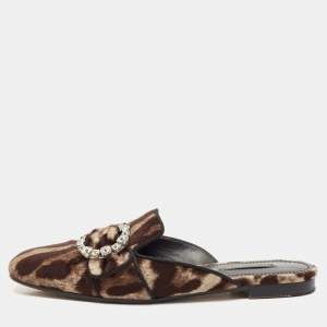 Dolce & Gabbana Brown Leopard Print Velvet Crystal Embellished Mules Size 36