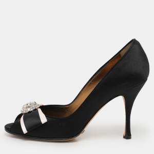 Dolce & Gabbana Black Satin Crystal Bow Embellished Pumps Size 36